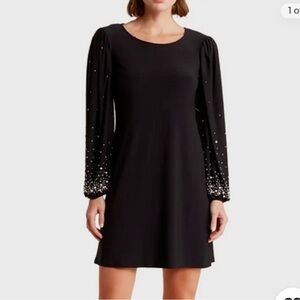 Black Mini Dress with Pearl-Embellished Long Sleeves